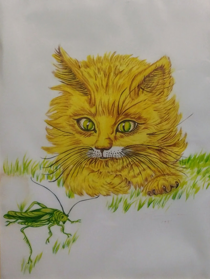 The cat and the grasshopper -Silk Art